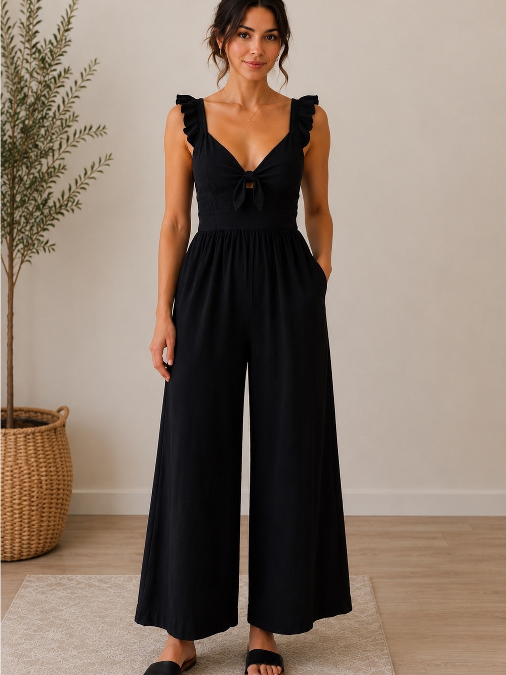 L*Space Black Wide Leg Ruffle Strap Jumpsuit Size S